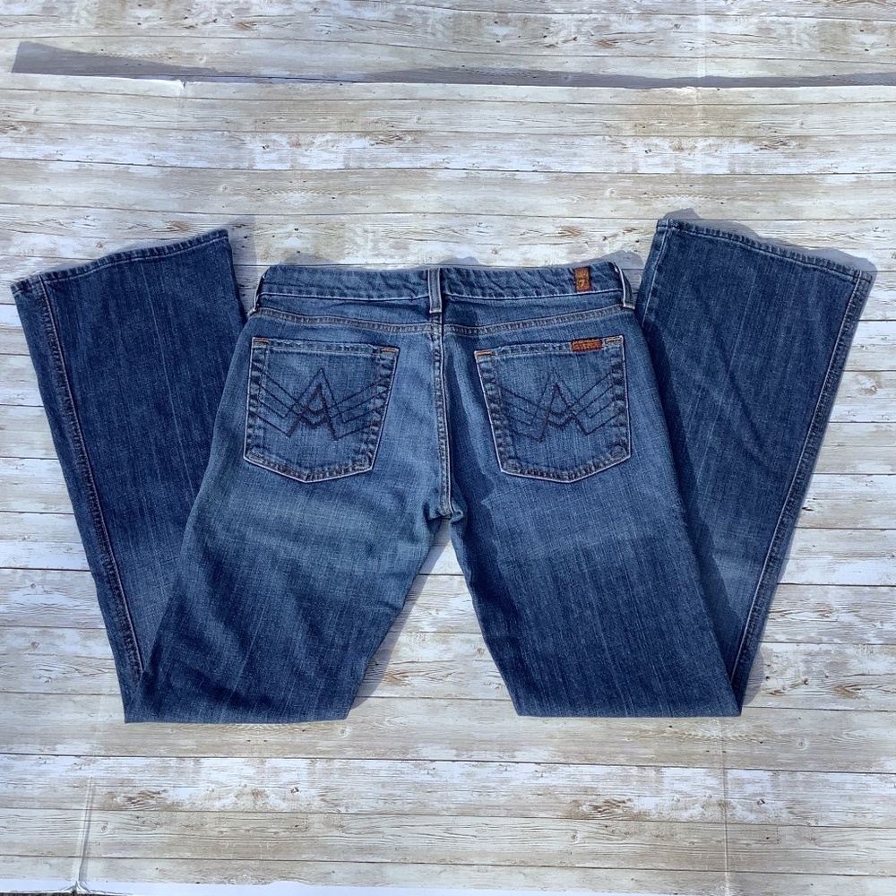 EUC 7 for All Mankind A Pocket Long Tall Blue Flare Jeans 28x33 27x33